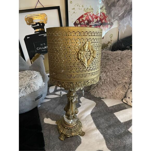 Vintage MCM crystal & hollywood regency brass ornate table lamp-light decor home - Picture 1 of 16
